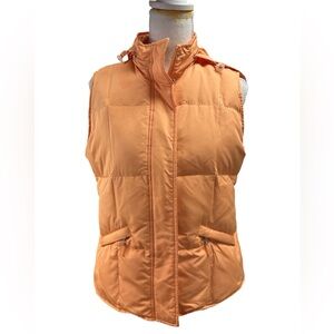 Talbots Orange Quilted Full Zippered Vest W Hidden Hood Goose Down Pockets S EUC